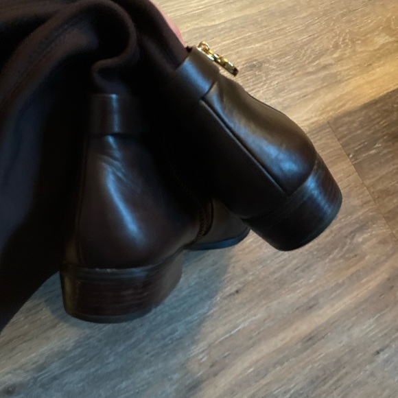 Michael Kors Hamilton Stretch Dark Brown Leather Riding Boots with Gold Accents - Picture 6 of 7